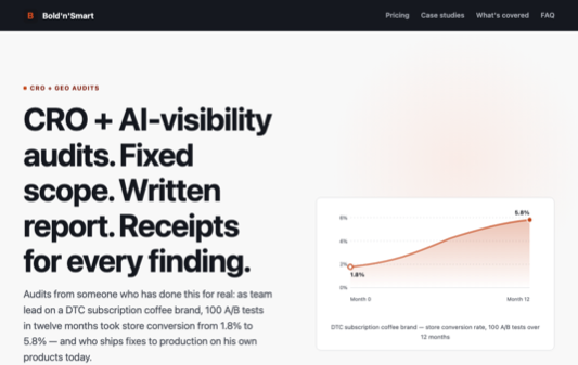Bold'n'Smart homepage: CRO + AI-visibility audits, fixed scope, written report