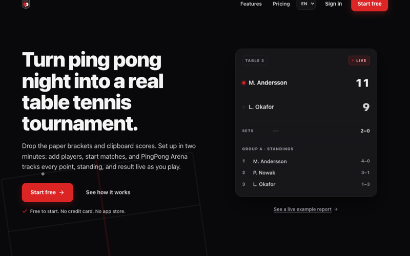 PingPongArena homepage: tournament scoring app for table tennis